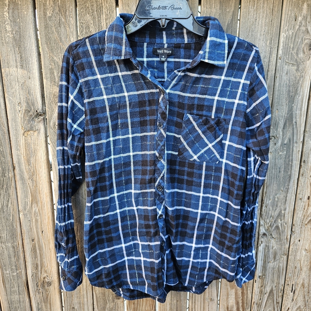 Well Worn Men's Blue Plaid Button-Down Shirt Size S